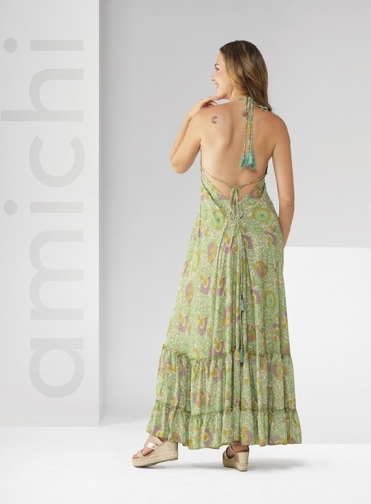 Vestido Boho Largo Verde Flores Escote V - Peace&amp;Love