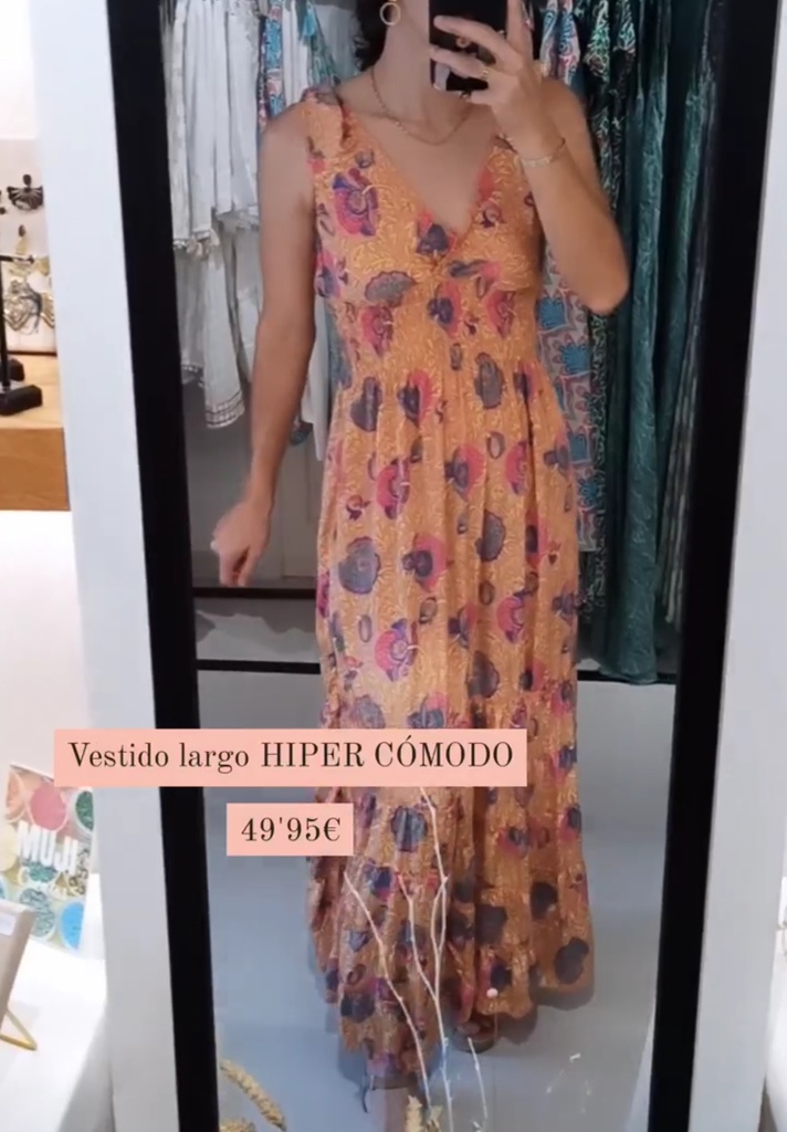 Vestido Largo Frunces Flores Naranja Salmón - Amichi