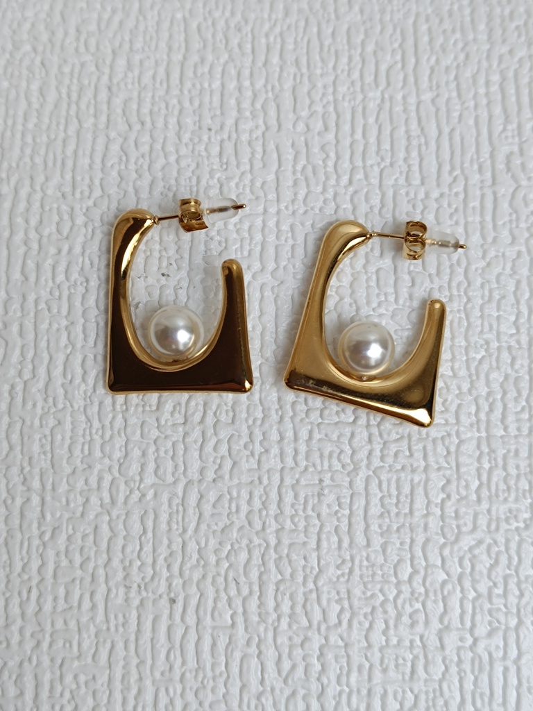 Pendientes Aro Geométrico Cuadrado Perlita Dorado