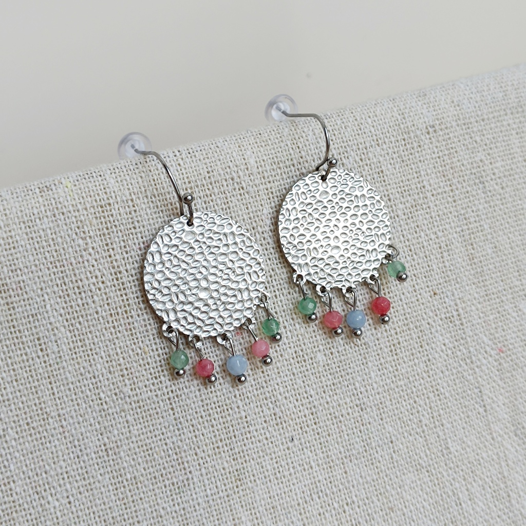 Pendientes Chapa Relieves Cuentas Verde Azul Rosa Plateado