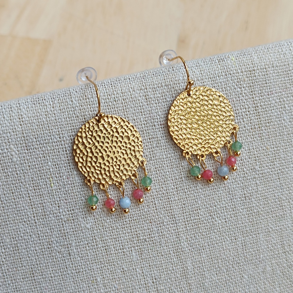 Pendientes Chapa Relieves Cuentas Verde Azul Rosa Dorado