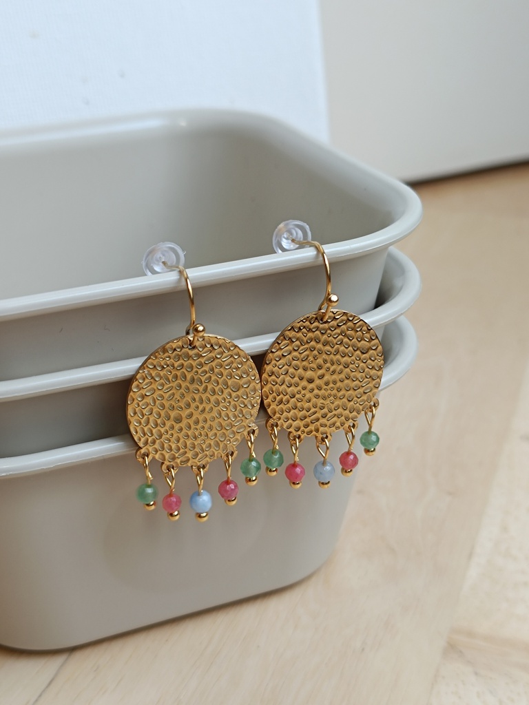 Pendientes Chapa Relieves Cuentas Verde Azul Rosa Dorado