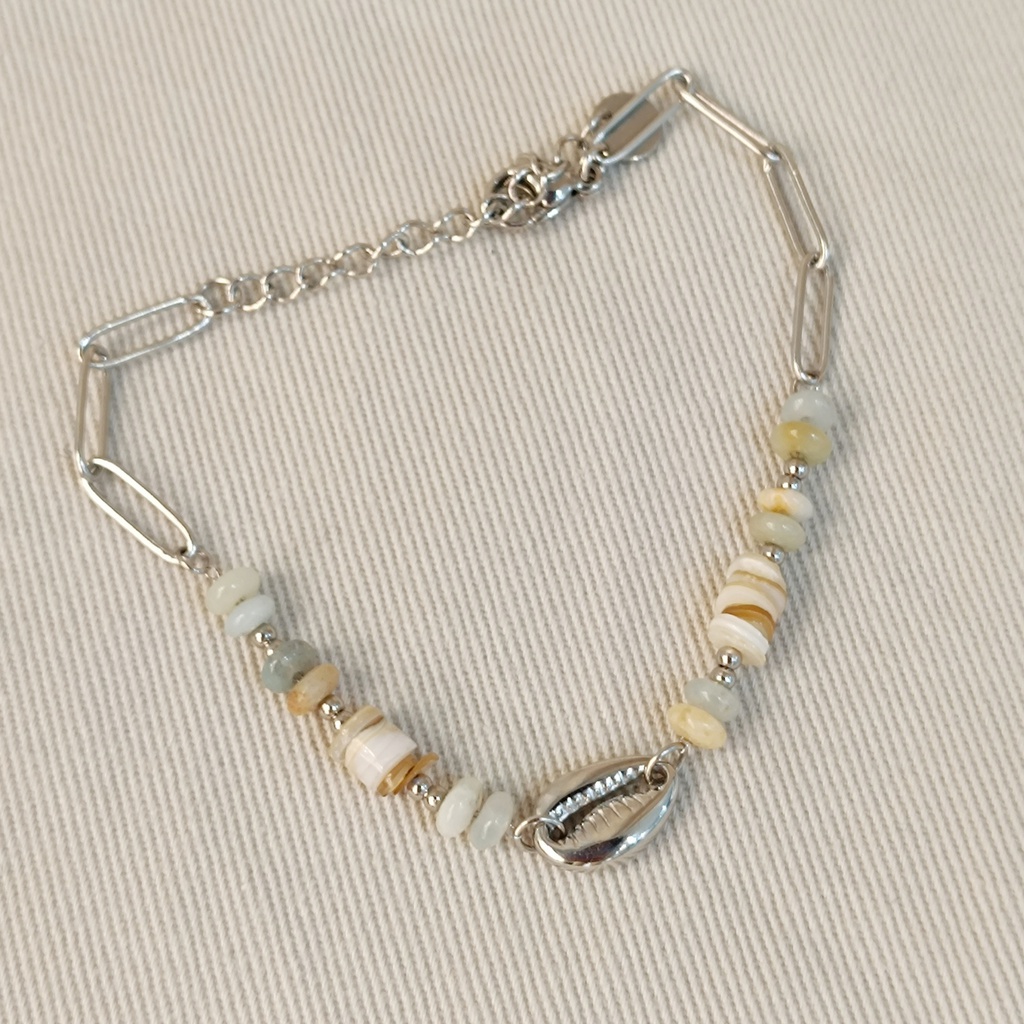 Pulsera Cuentas Verdes Beige Concha Plateada