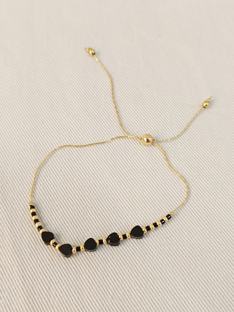 Pulsera Ajustable Corazones Negros Dorada