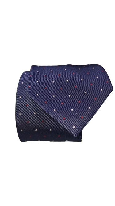 Corbata Azul Marino Topos Pequeños Rojos y Blancos