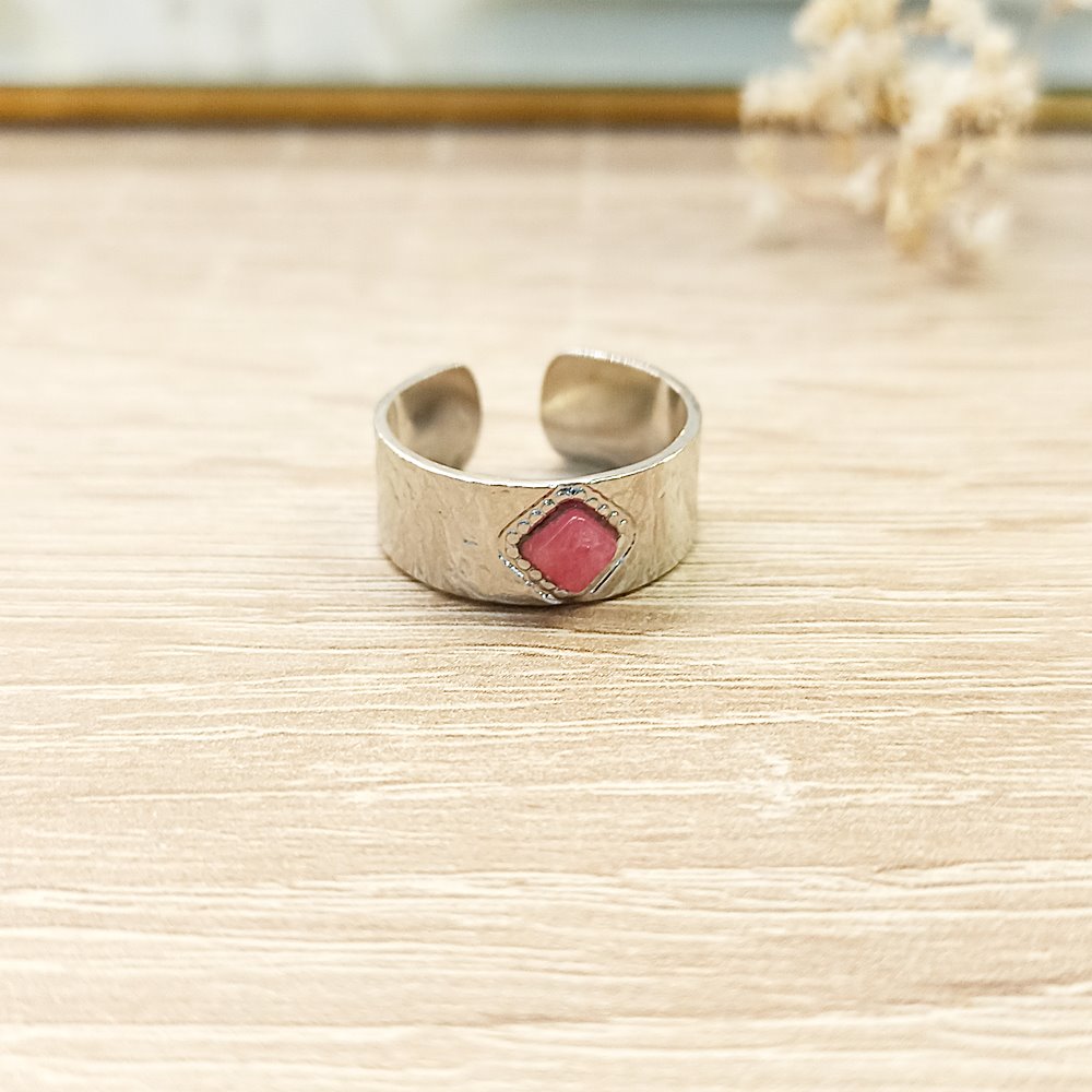 Anillo Ancho Rombo Rosa Plateado