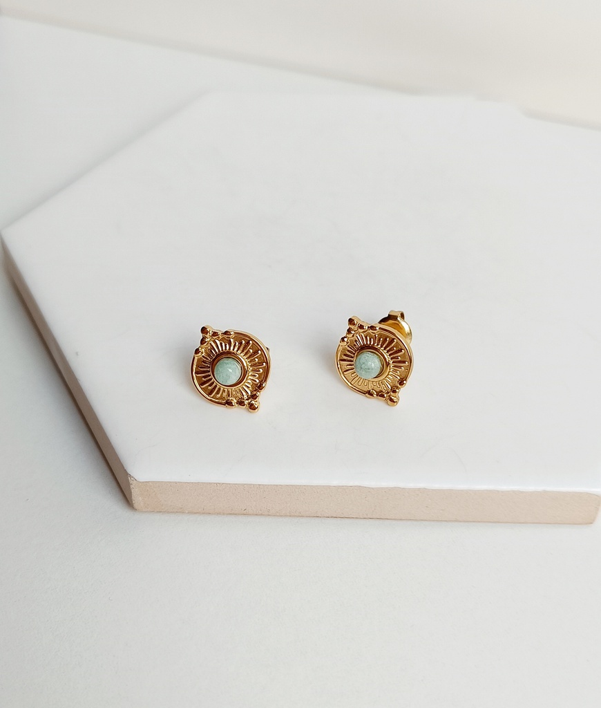 Pendientes Boton Rosetón Piedra Turquesa Dorado