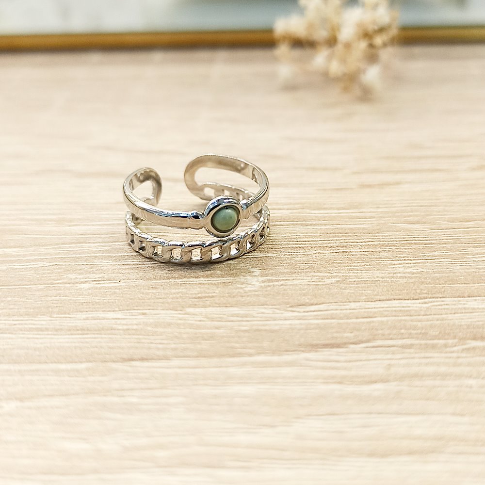 Anillo Doble Cadena Aguamarina Plateado