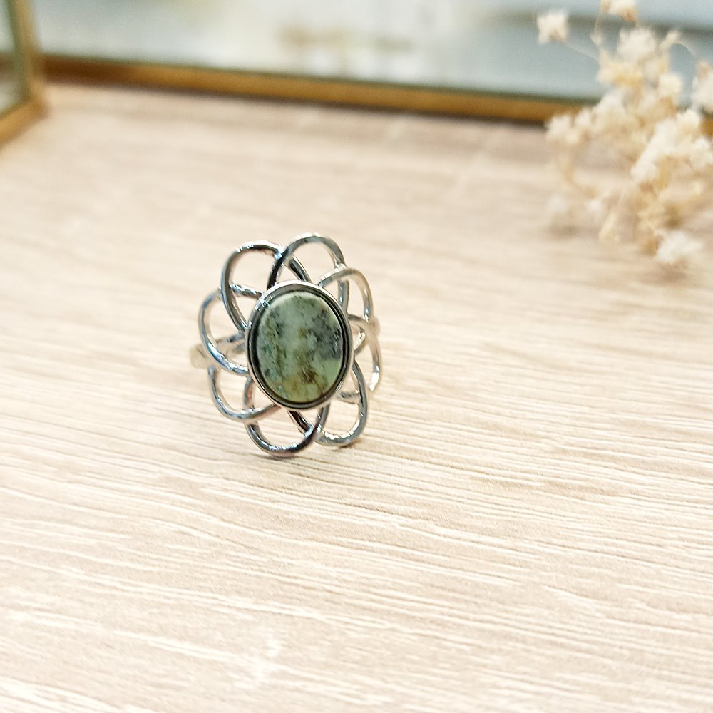 Anillo Flor Geometric Aguamarina Plateado