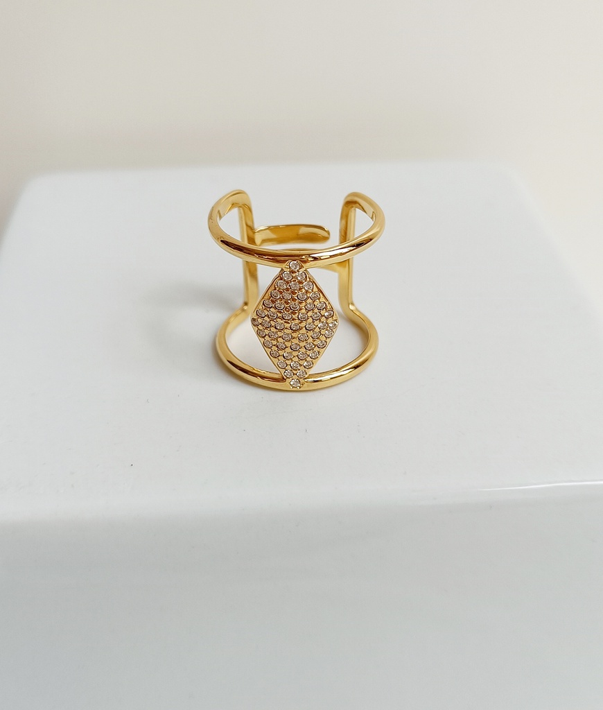 Anillo Ancho Doble Rombo Mini Circonitas Dorado