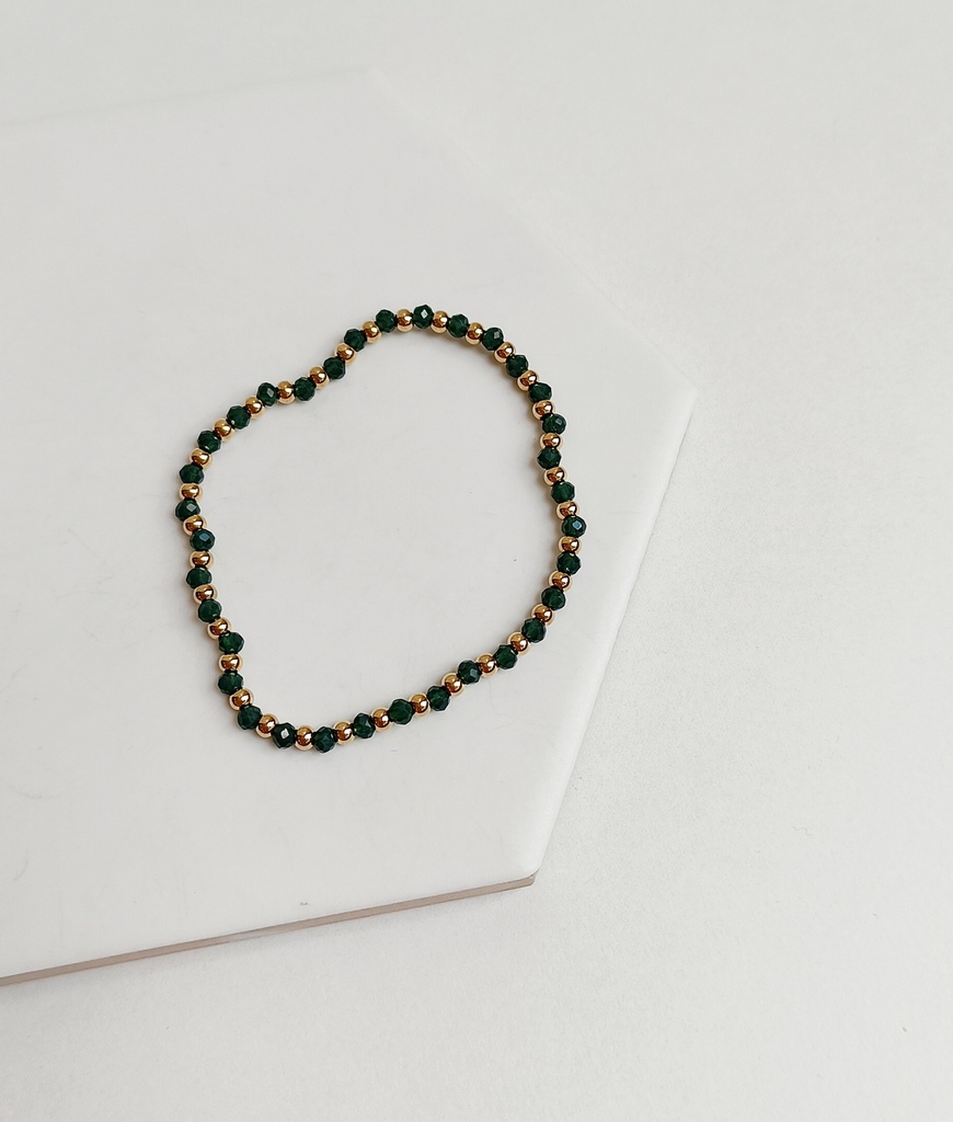 Pulsera Elástica Cuentas Verde Oscuro Doradas