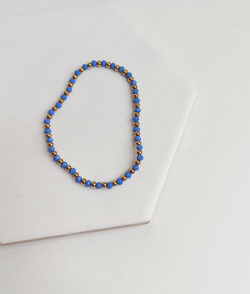 Pulsera Elástica Cuentas Azul Medio Doradas