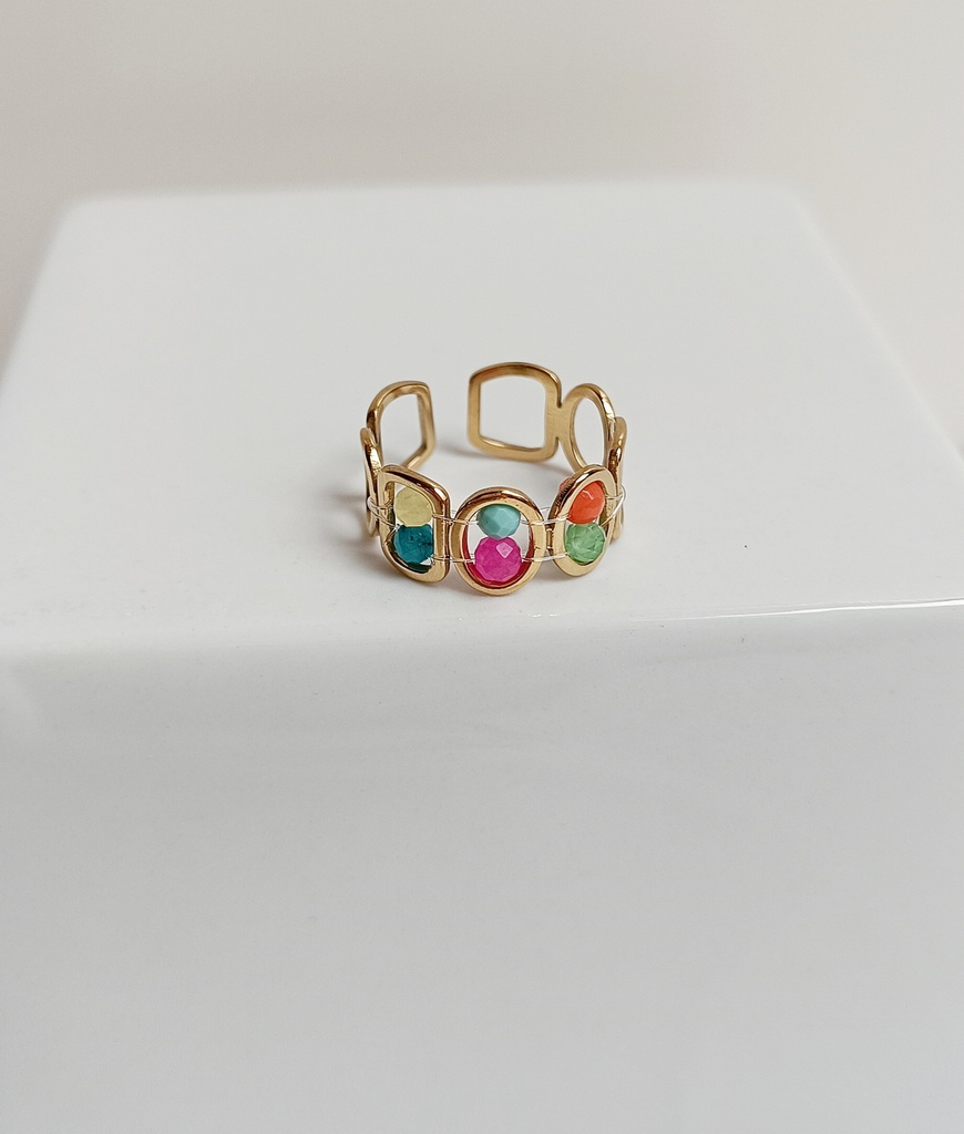 Anillo Cuentas Multicolor Circulo Rectángulo Dorado
