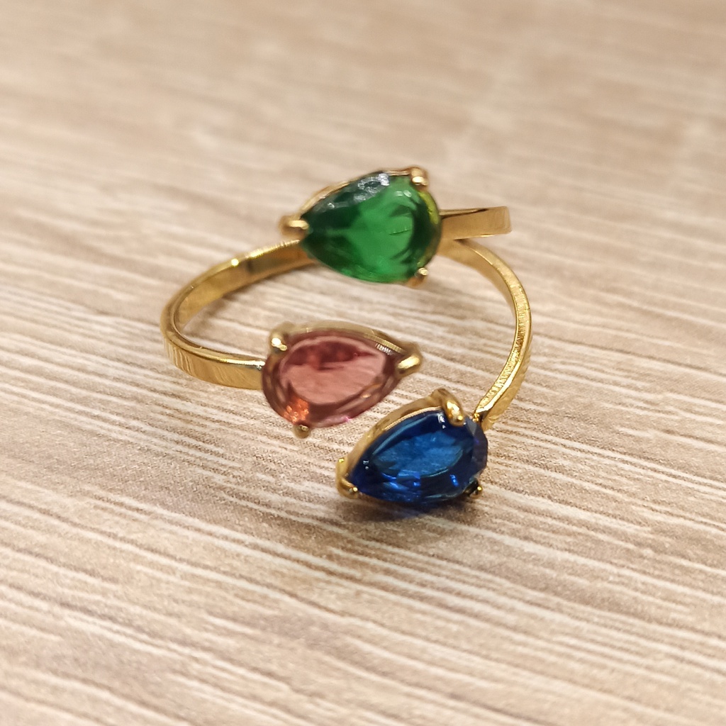 Anillo Triple Gota Multicolor Dorado