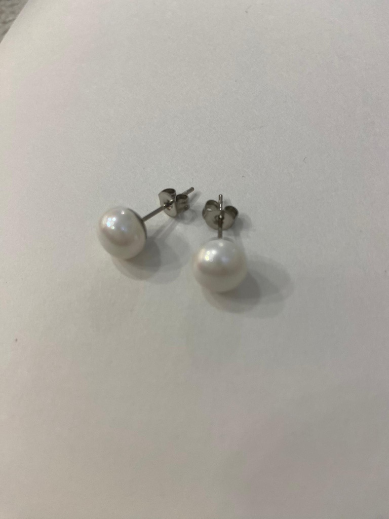 Pendientes Botón Perla Plana Plateado  Mini