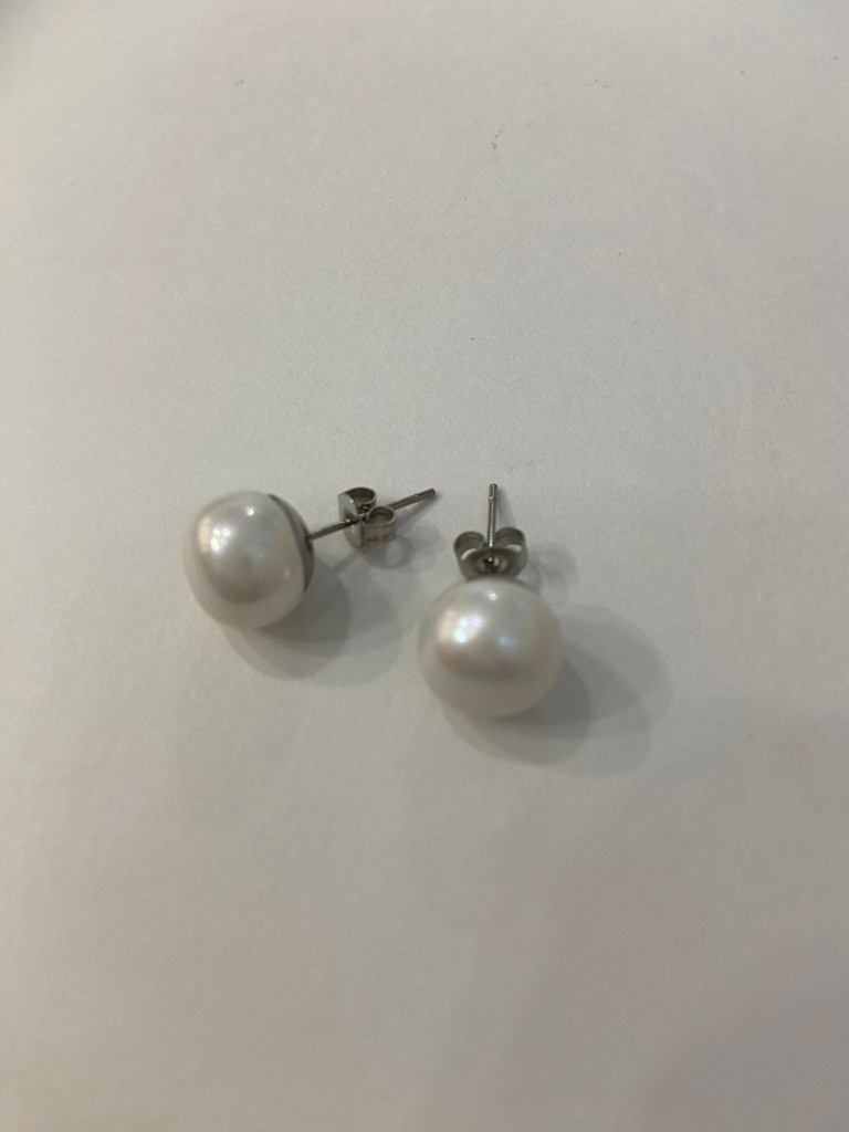 Pendientes Botón Perla Plana Plateado  Midi