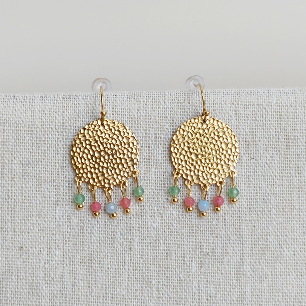 Pendientes Chapa Relieves Cuentas Verde Azul Rosa Dorado