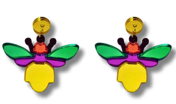 Pendientes Insecto Morado, Rosa, Verde y Dorado Metacrilato