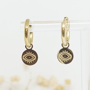 Aritos Charm Extraíble Ojo Medalla Dorado