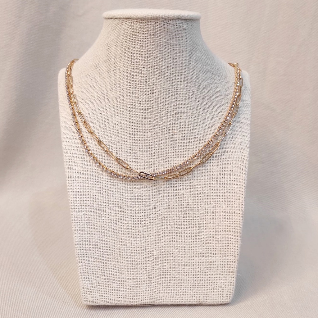 Collar Doble Strass y Cadena Dorada