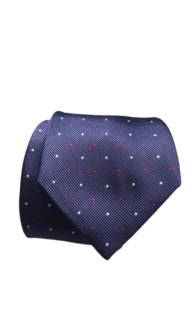 Corbata Azul Marino Topos Pequeños Rojos y Blancos