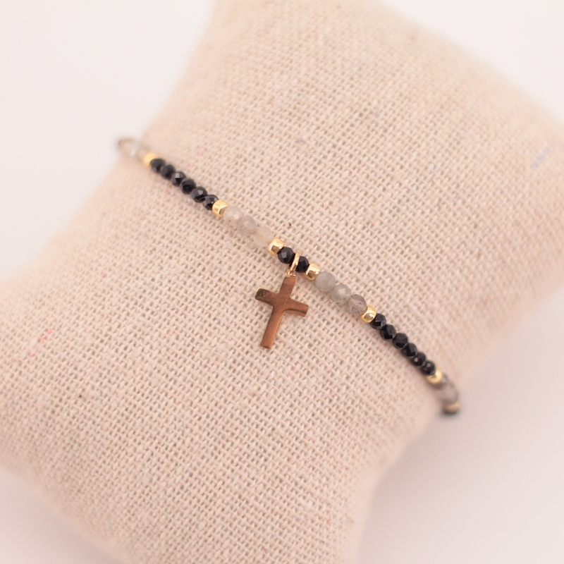Pulsera Cuentas Cruz Dorada
