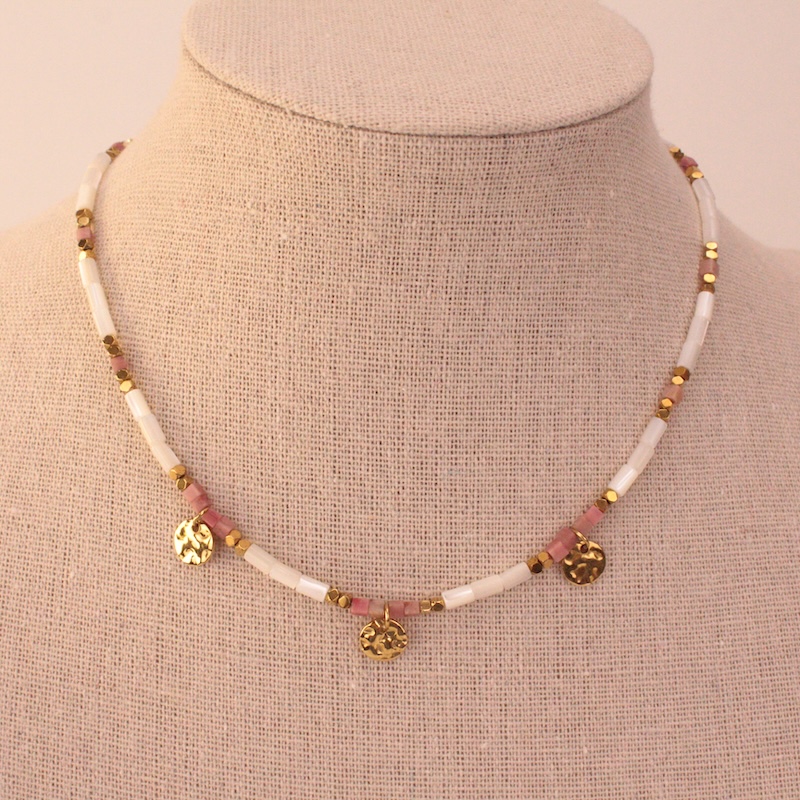 Collar Piedras Blancas Doradas y Rosa