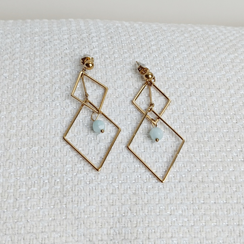 Pendientes Doble Rombo Cuenta Azul Claro Dorado