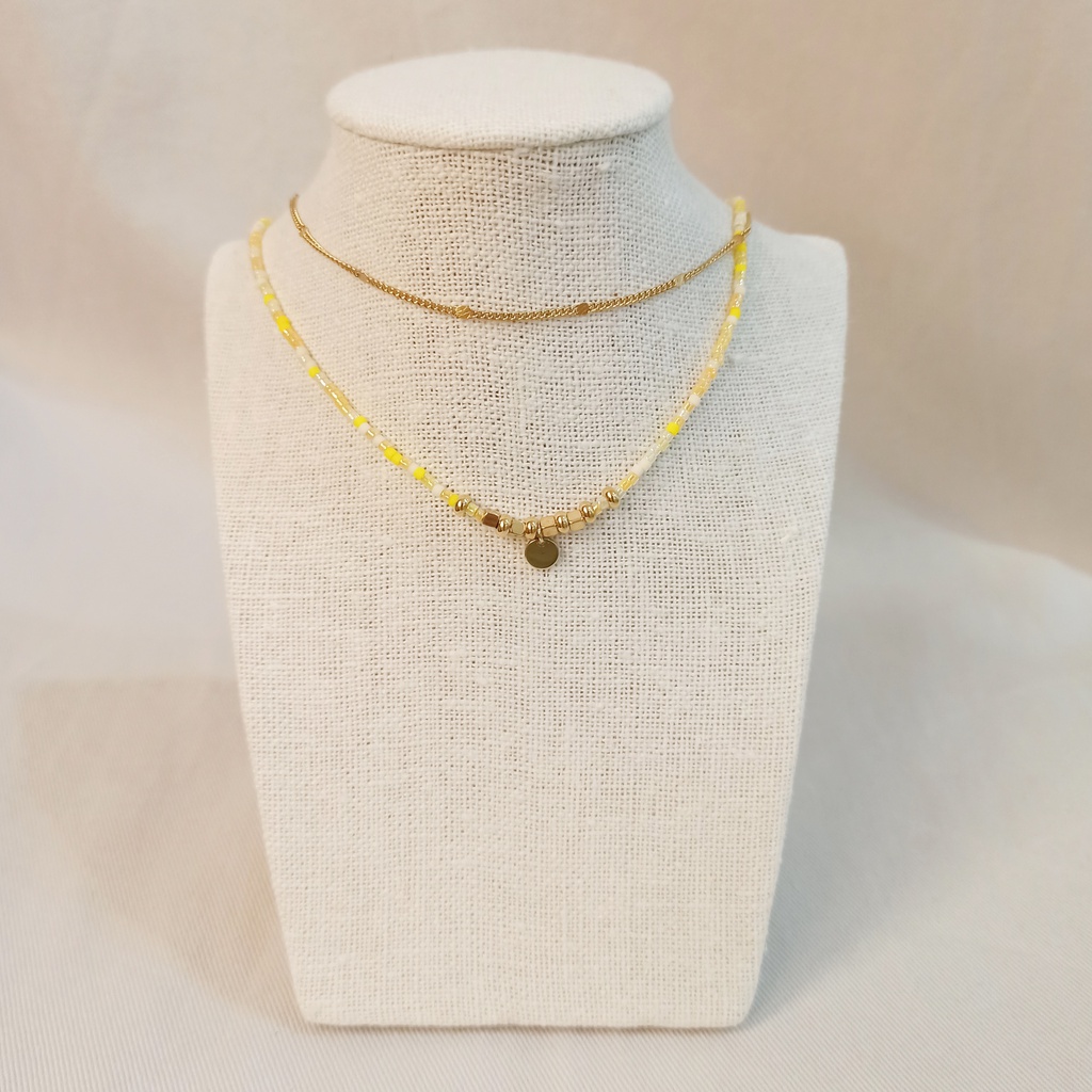 Collar Doble Cuentas Amarillas Chapita Dorado