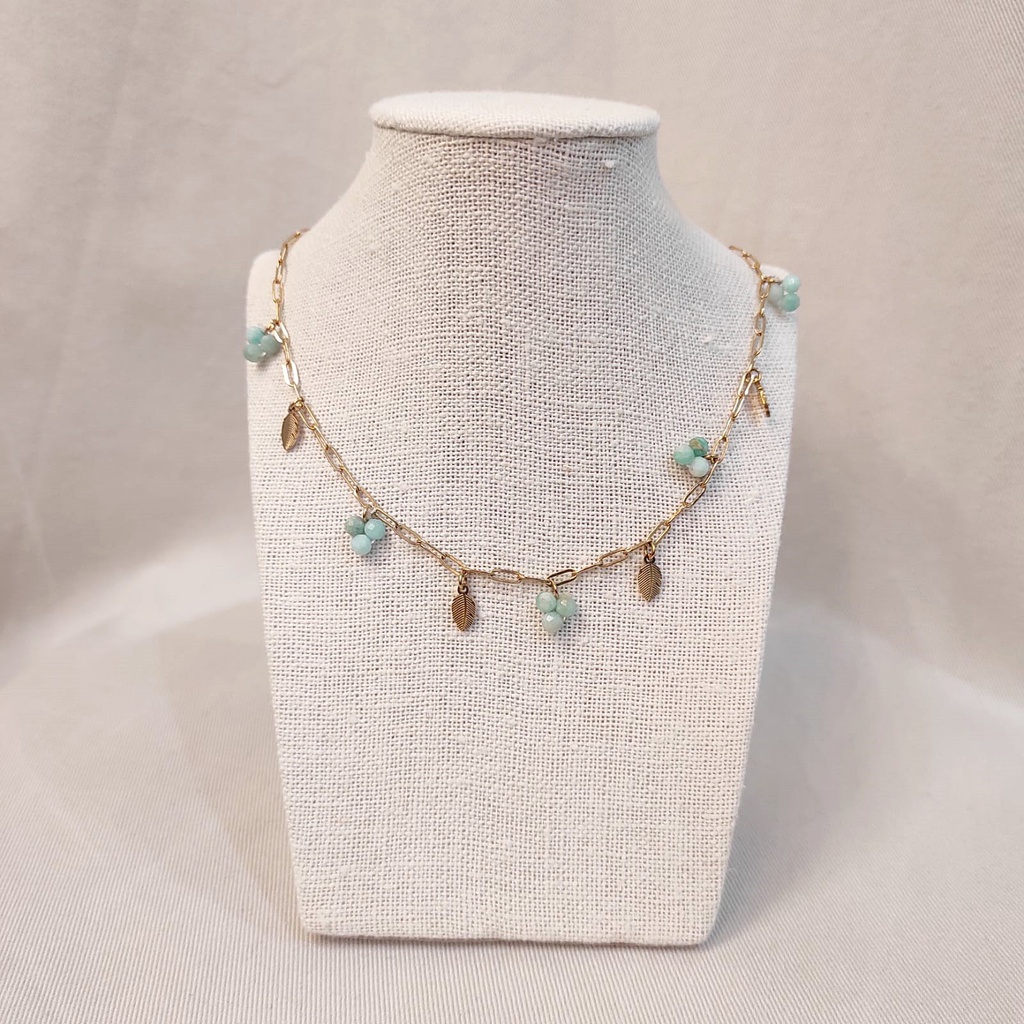 Collar Cadena Eslabones Charms Piedra Turquesa y Plumas Dorado