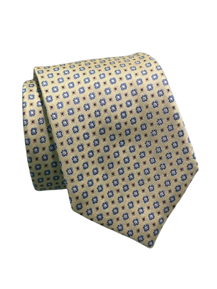 Corbata amarilla con motivos geométricos azules
