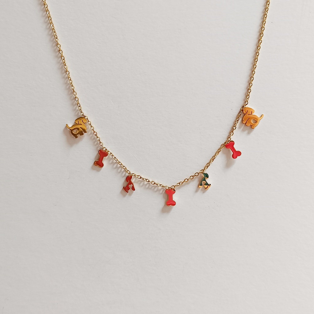 Collar Charms Perritos Y Huesos Dorado