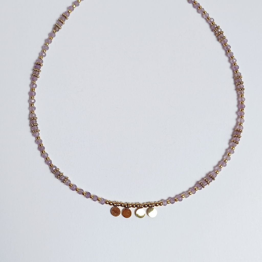Collar Cadena De Pedrería Dorado y Rosa