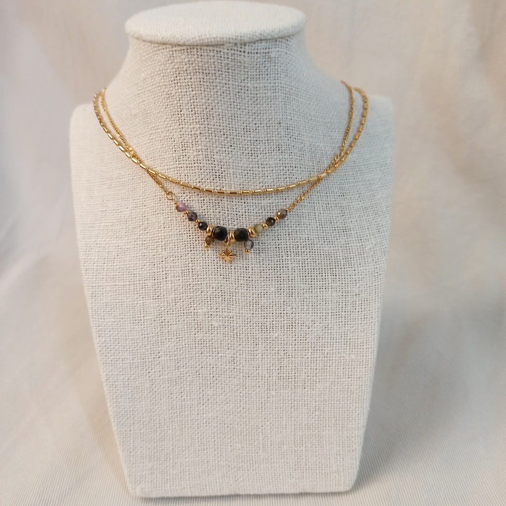 Collar Doble Piedras Centrales Destello Dorado