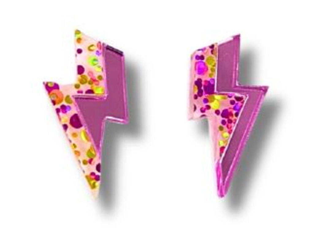Pendientes Metacrilato Rayo Doble Glitter Rosa