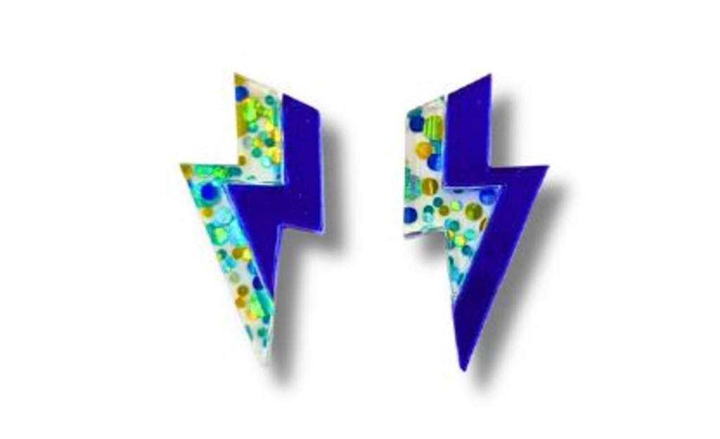 Pendientes Metacrilato Rayo Doble Glitter Azul