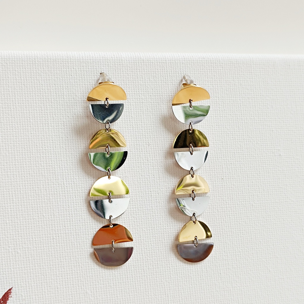 Pendientes Largos Círculos Bicolor Plata Dorado