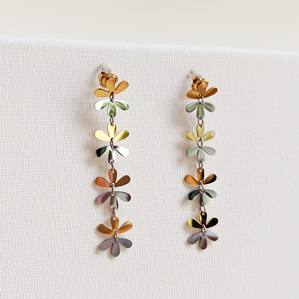 Pendientes Largos Flores Bicolor Plata Dorado
