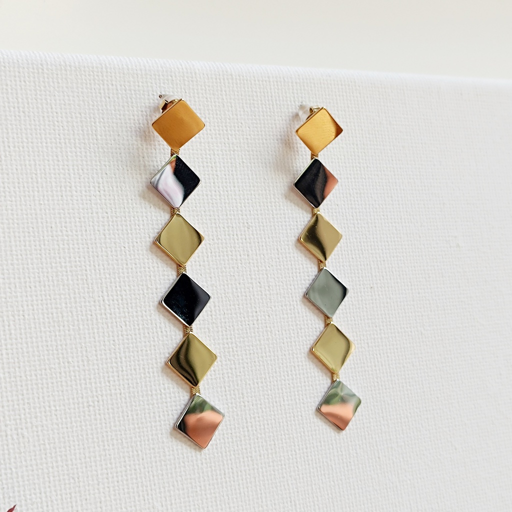 Pendientes Largos Rombo Bicolor Plata Dorado
