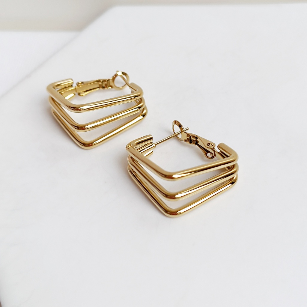 Pendientes Aro Triple Cuadrado Dorado