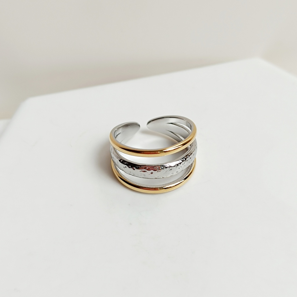 Anillo Triple Línea Bicolor Plateado Dorado