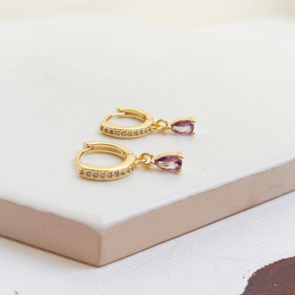 Pendientes Aritos Circonitas Con Gota Morada Dorado