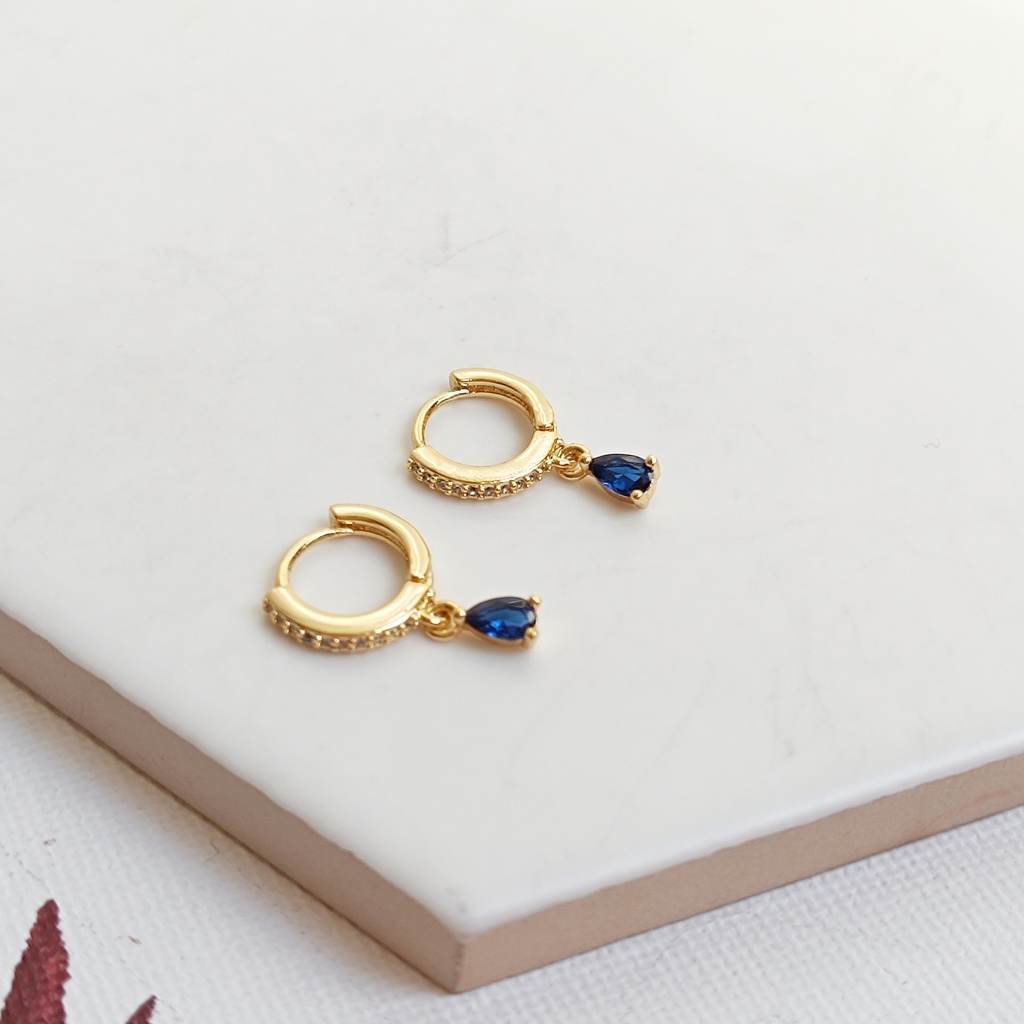 Pendientes Aritos Circonitas Con Gota Azul Dorado