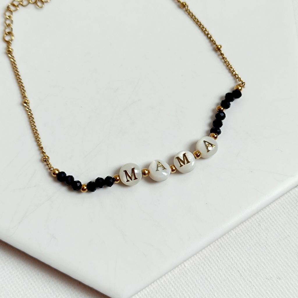 Pulsera Mamá Con Cuentas Negro Dorado