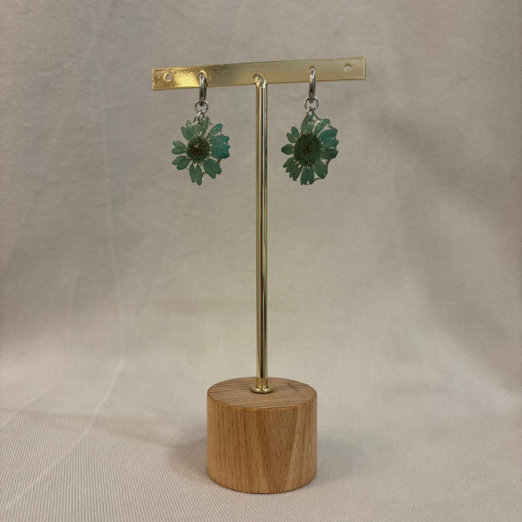 Pendientes Aro Flor Natural Resina Margarita Verde Plateado