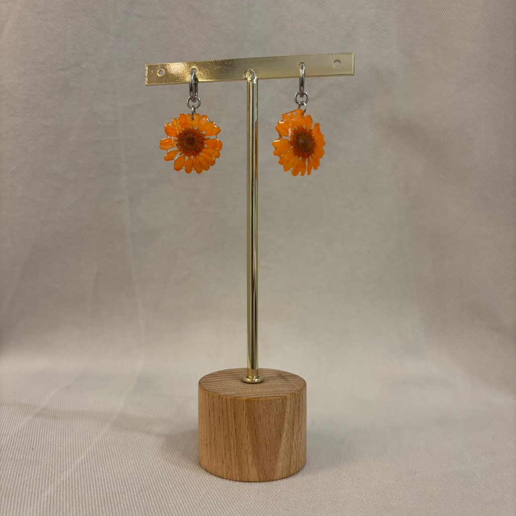 Pendientes Aro Flor Natural Resina Margarita Naranja Plateado