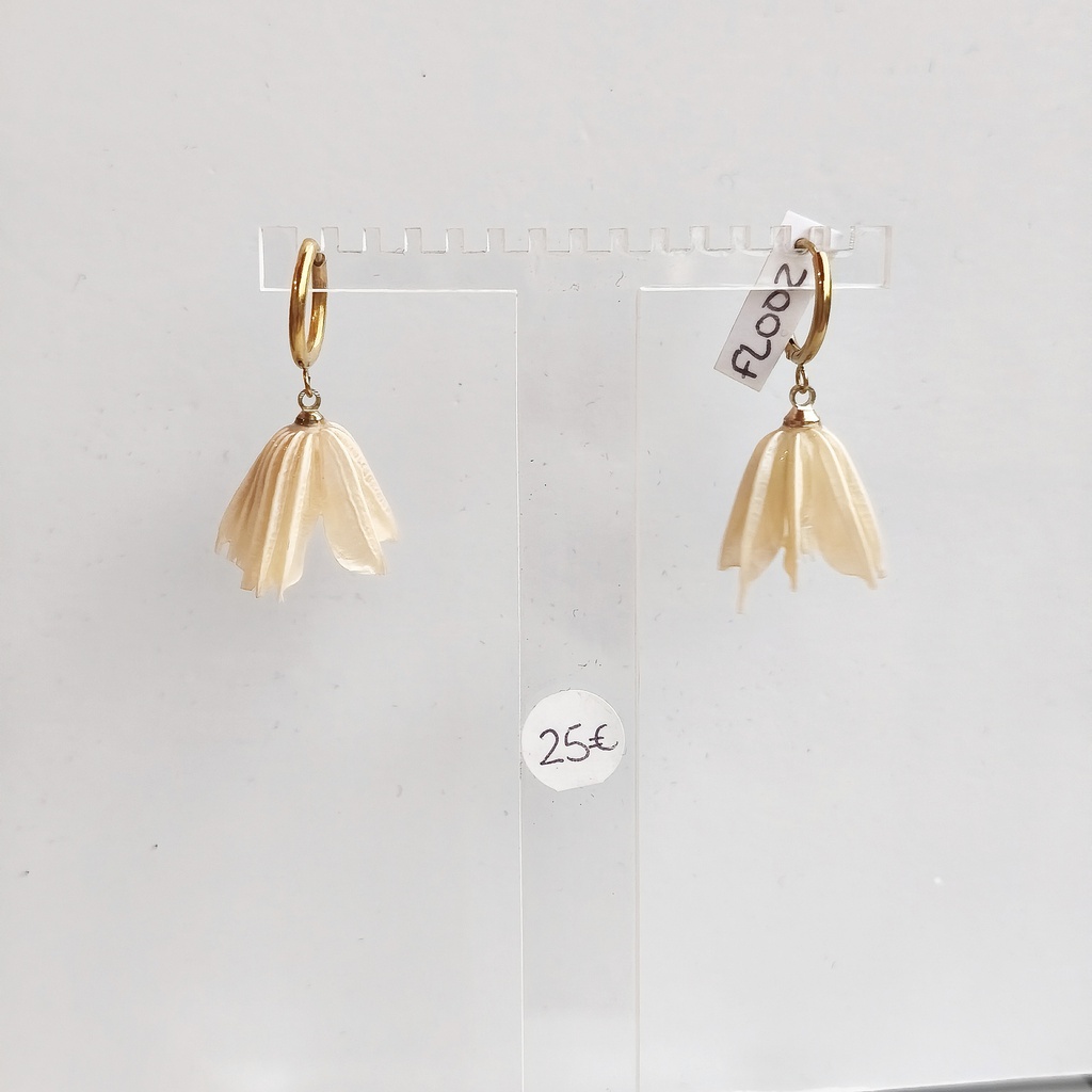 Pendientes Aro Flor Natural Resina Crema Dorado