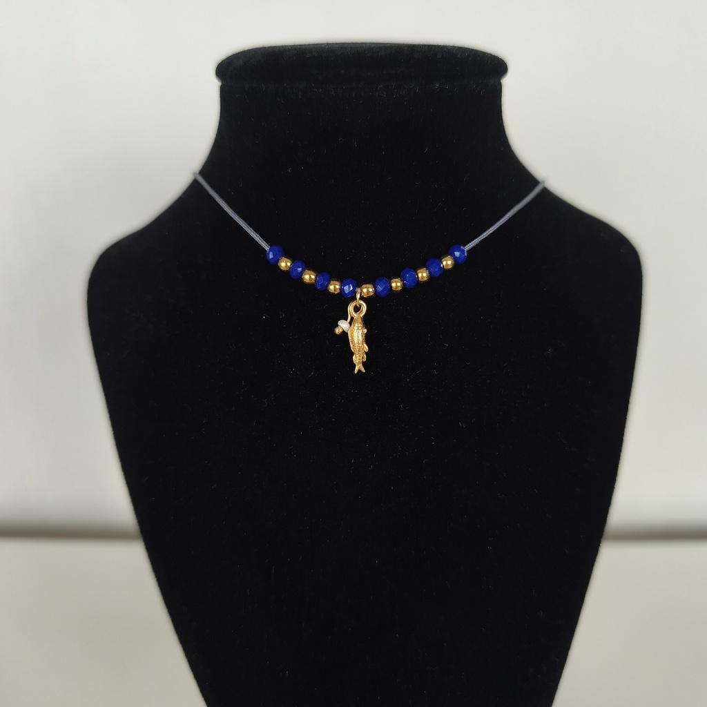 Collar Cuerda Macramé Azul Pez (Dorado)