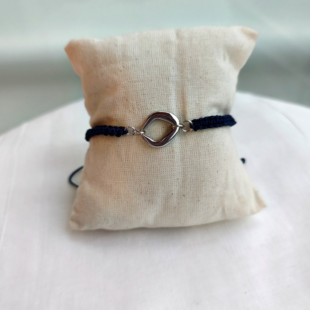 Pulsera Trenzada Azul Marino Oval (Plateado