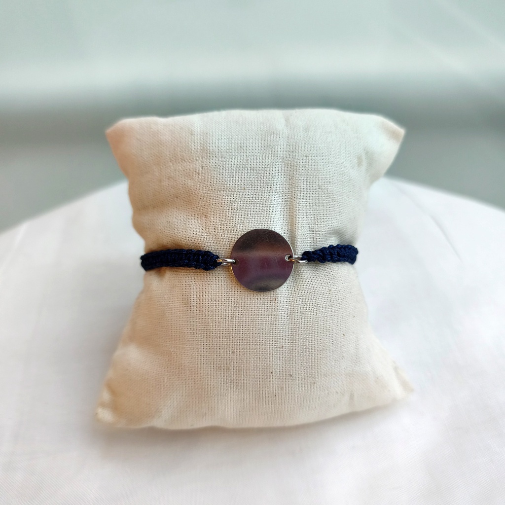 Pulsera Trenzada Azul Marino Medalla (Plateado)